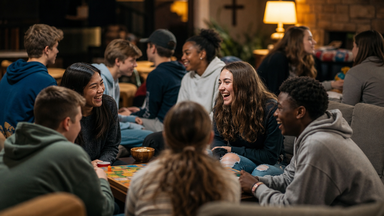 Students laughing together at a FUSE Friday night gathering
