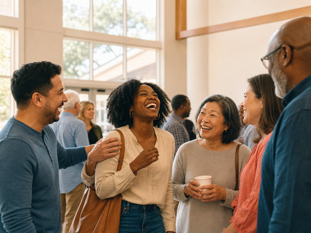 Church members laughing together in a bright, sunlit lobby